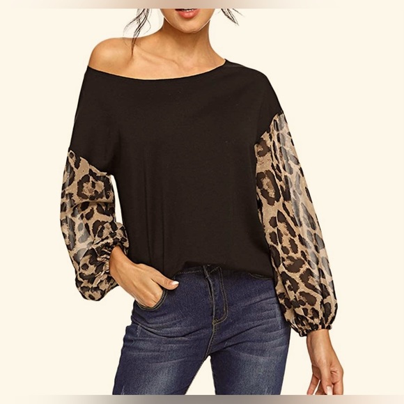 Tops - Women's One Shoulder Long Sleeve Casual Leopard Top Blouse